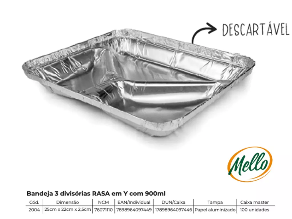 Bandeja de Aluminio 3 Divisórias Rasa em Y 900ML