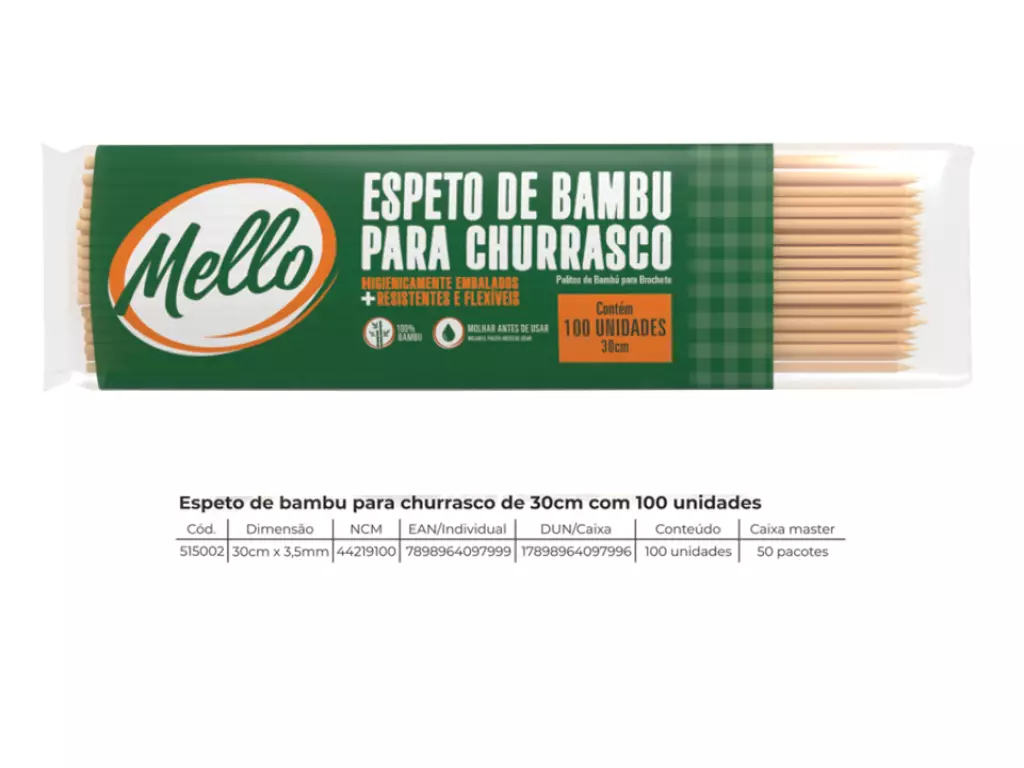 Espeto Bambu Churrasquinho 30cm com 100 und