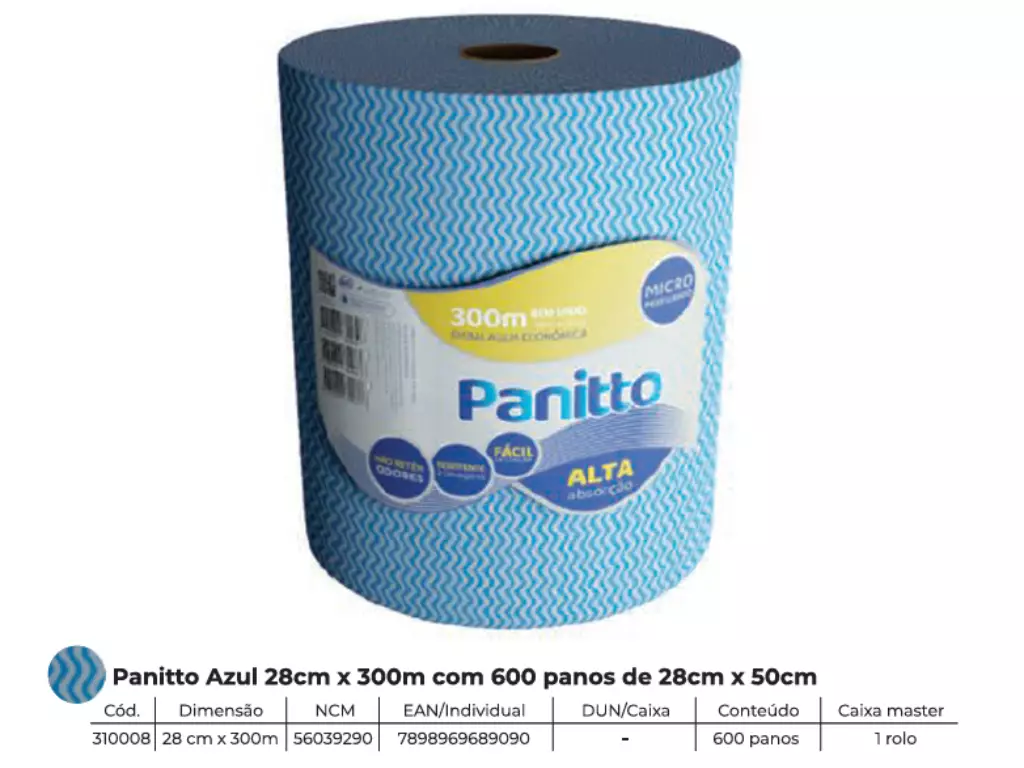 Pano Multiuso Micro Perfurado Panitto Azul Rolo 28CM X 300MT