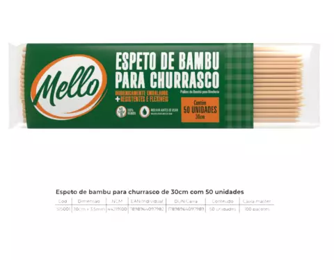 Espeto de Bambu para Churrasquinho 30cm com 50 unidades