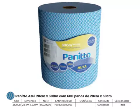 Pano Multiuso Micro Perfurado Panitto Azul Rolo 28CM X 300MT